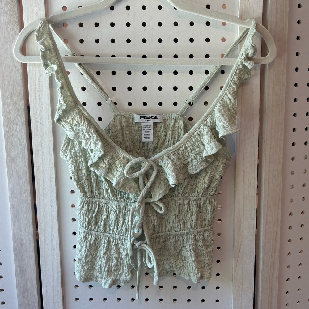 Light Sage Green Smocked Ruffle Tie Tank – XS